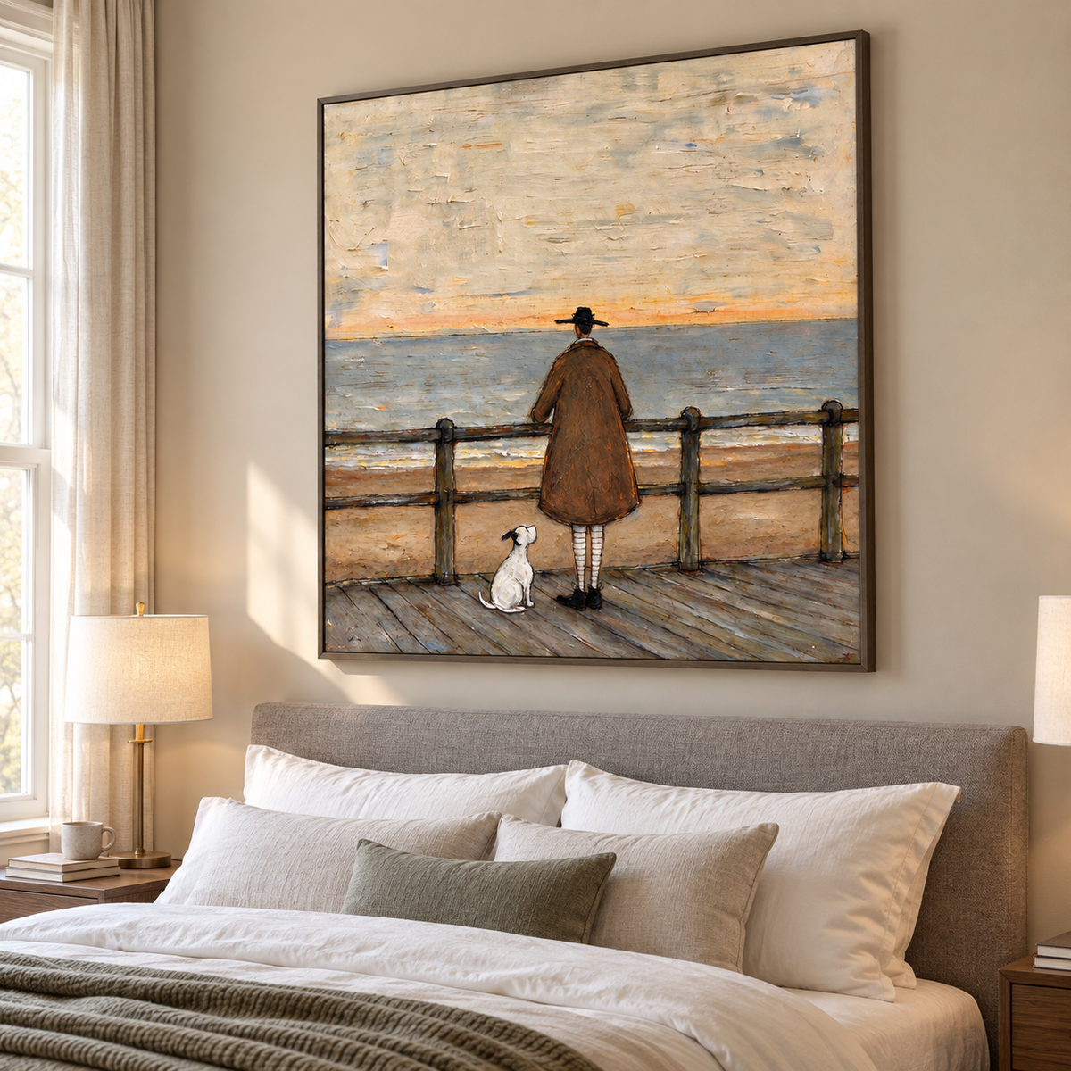 A man in a brown coat and black hat standing at a wooden boardwalk railing with a small white dog beside him overlooking a gray-blue sea beneath a pale sky, shown in room setting 5.