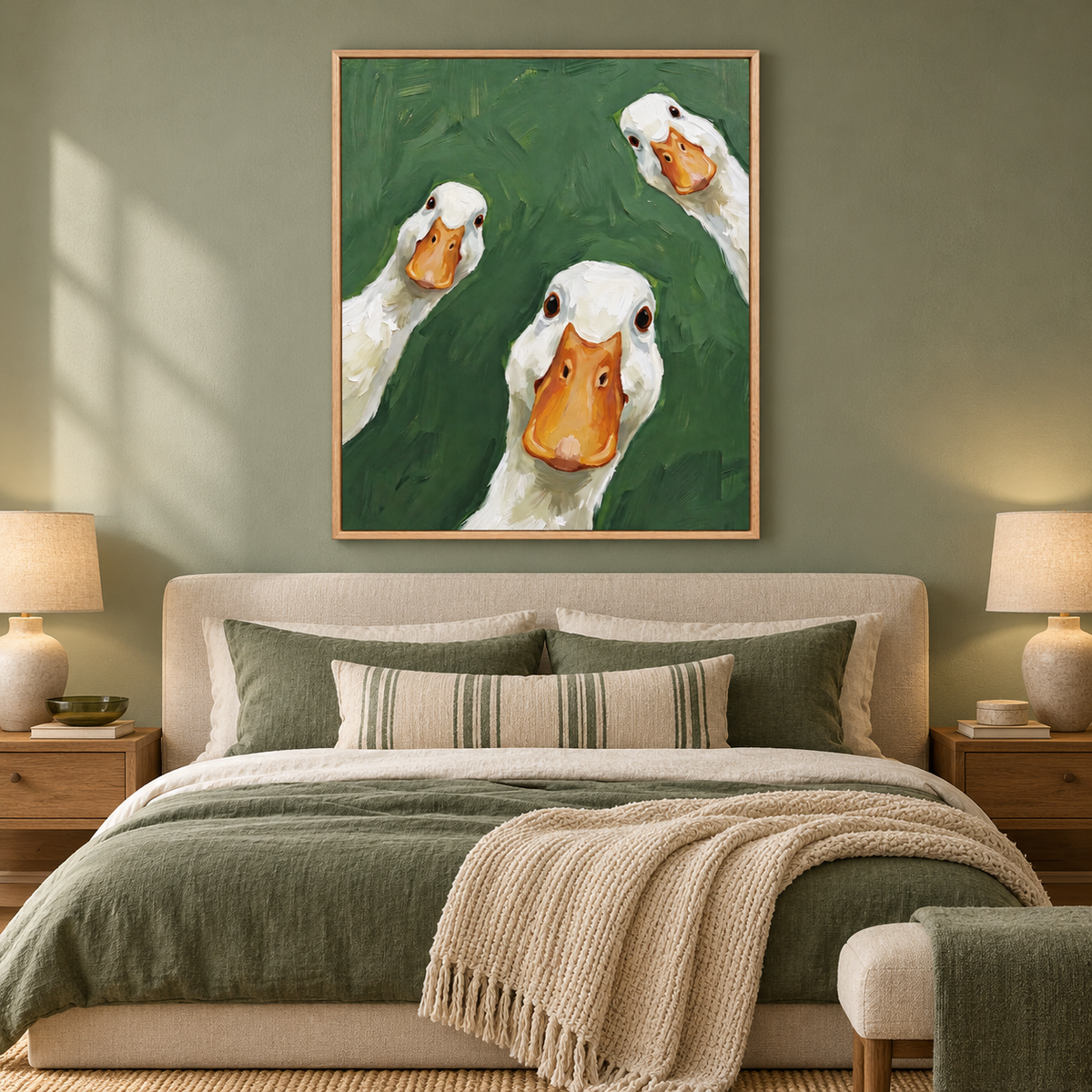 Three close-up white geese with orange bills and dark eyes against a deep green background, arranged at different heights and angles, in a bedroom.