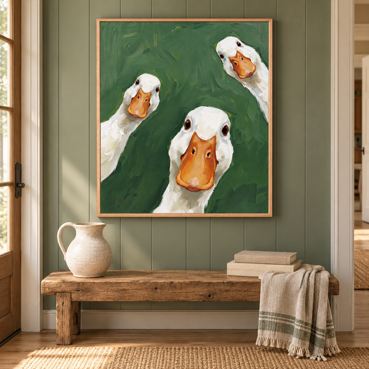 Three close-up white geese with orange bills and dark eyes against a deep green background, arranged at different heights and angles, in an entryway.