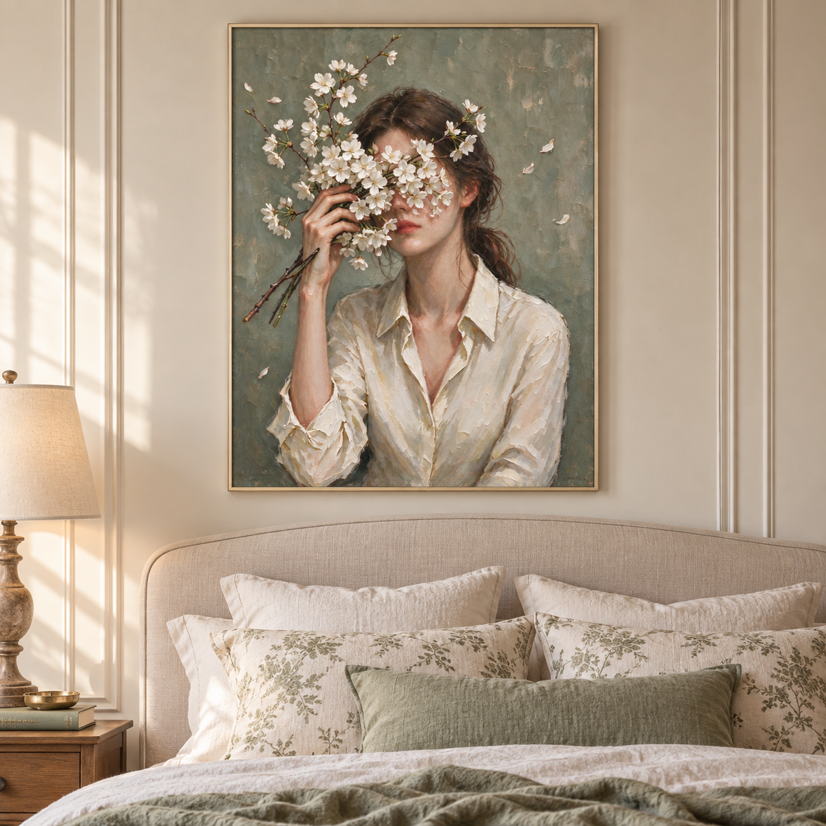 A woman in a white blouse holding pale flowering branches in front of her face against muted green, in a French country bedroom.