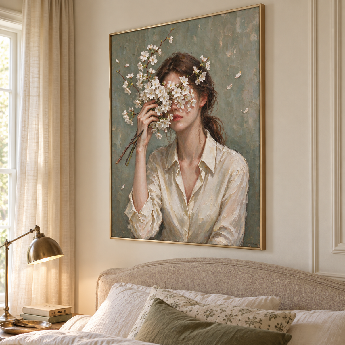 A woman in a white blouse holding pale flowering branches in front of her face against muted green, shown from an angle in the room.