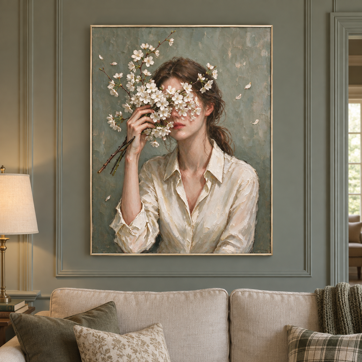 A woman in a white blouse holding pale flowering branches in front of her face against muted green, in a traditional living room.