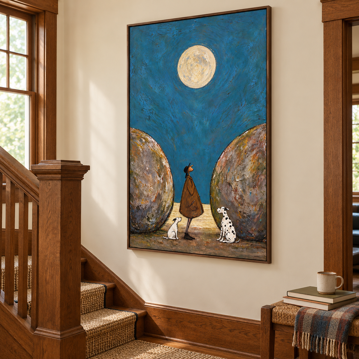 A man in a brown coat standing with a small white dog and a Dalmatian between two rounded boulders under a full moon in a deep blue sky, shown in room setting 4.