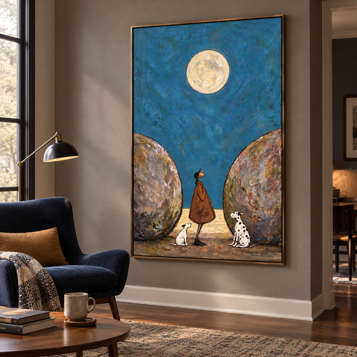 A man in a brown coat standing with a small white dog and a Dalmatian between two rounded boulders under a full moon in a deep blue sky, shown in room setting 5.