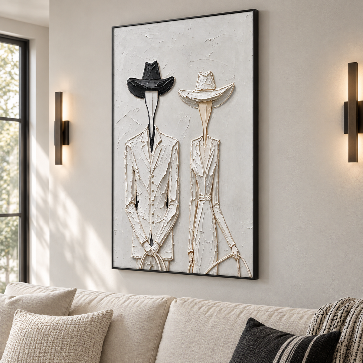 Two slender faceless Western figures in pale clothing, one with a black hat and one with a white hat, shown from an angle in the room.