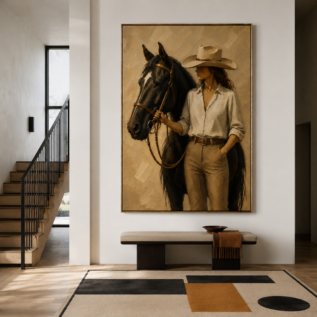 Textured black horse and cowgirl wall art with hand-painted details