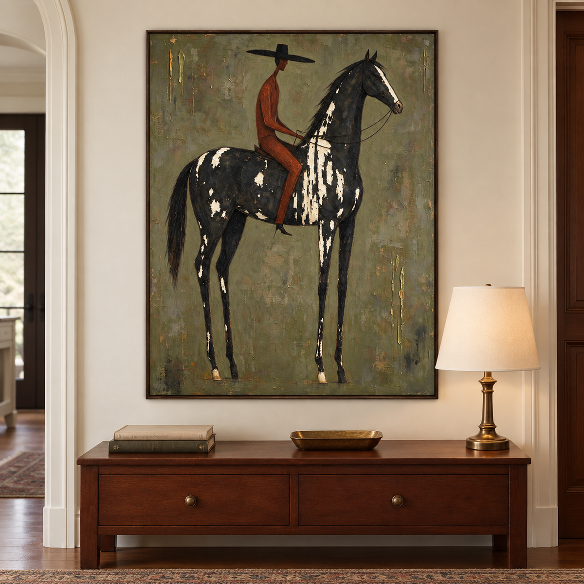 A rusty red rider in a black hat on a black and white horse against a gray-green background with gold accents, in a modern entryway.