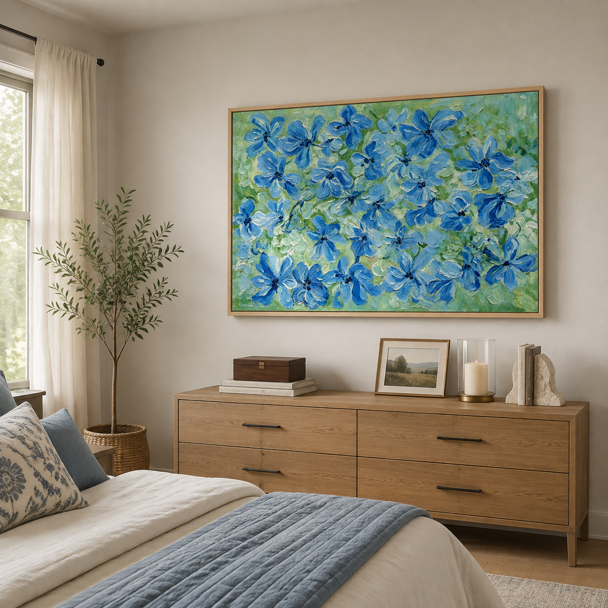 Blue flowers with dark centers scattered across pale green and mint brushwork, shown from an angle in a bedroom.
