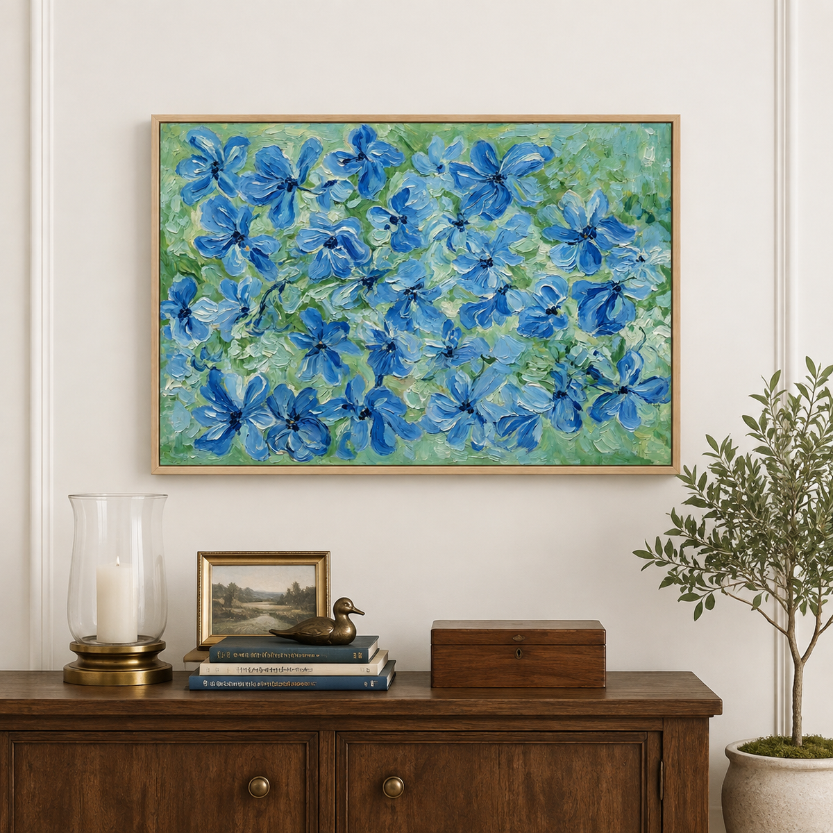 Blue flowers with dark centers scattered across pale green and mint brushwork, in a dining room.