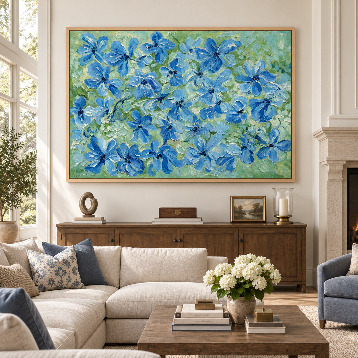 Blue flowers with dark centers scattered across pale green and mint brushwork, in a large living room.