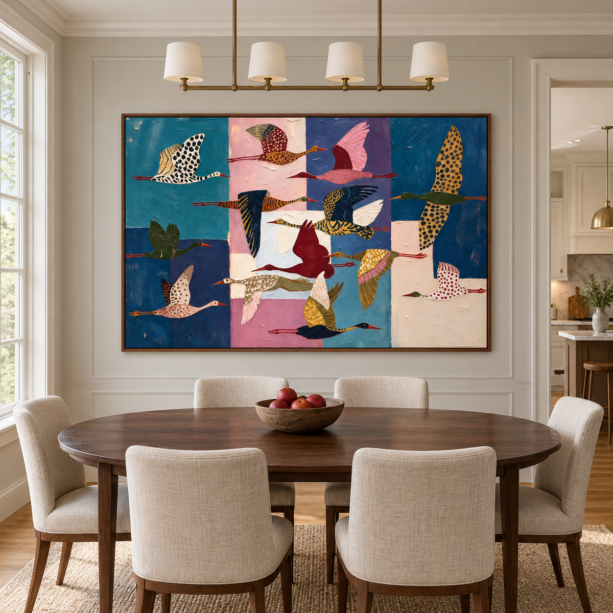 Colorfully patterned flying birds against deep blue, teal, pink, and cream blocks, in a transitional dining room.