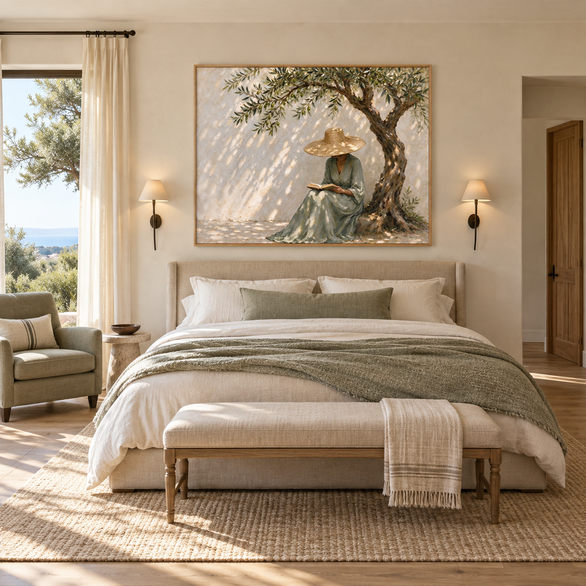 A woman in a green dress and straw hat reading an open book beneath a tree on the right of a sunlit cream wall, shown in a mediterranean bedroom.