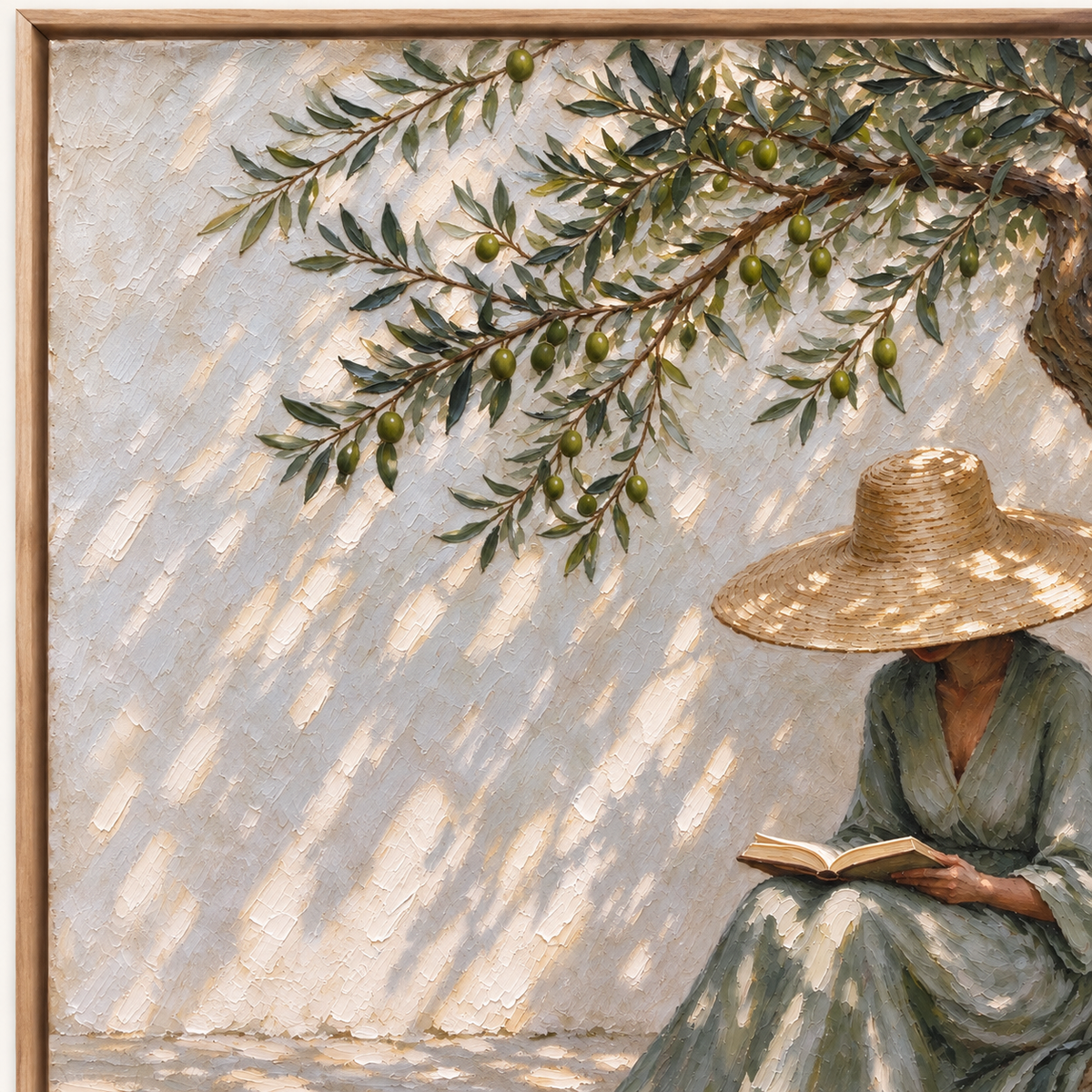 A woman in a green dress and straw hat reading an open book beneath a tree on the right of a sunlit cream wall, close-up of the painted details.