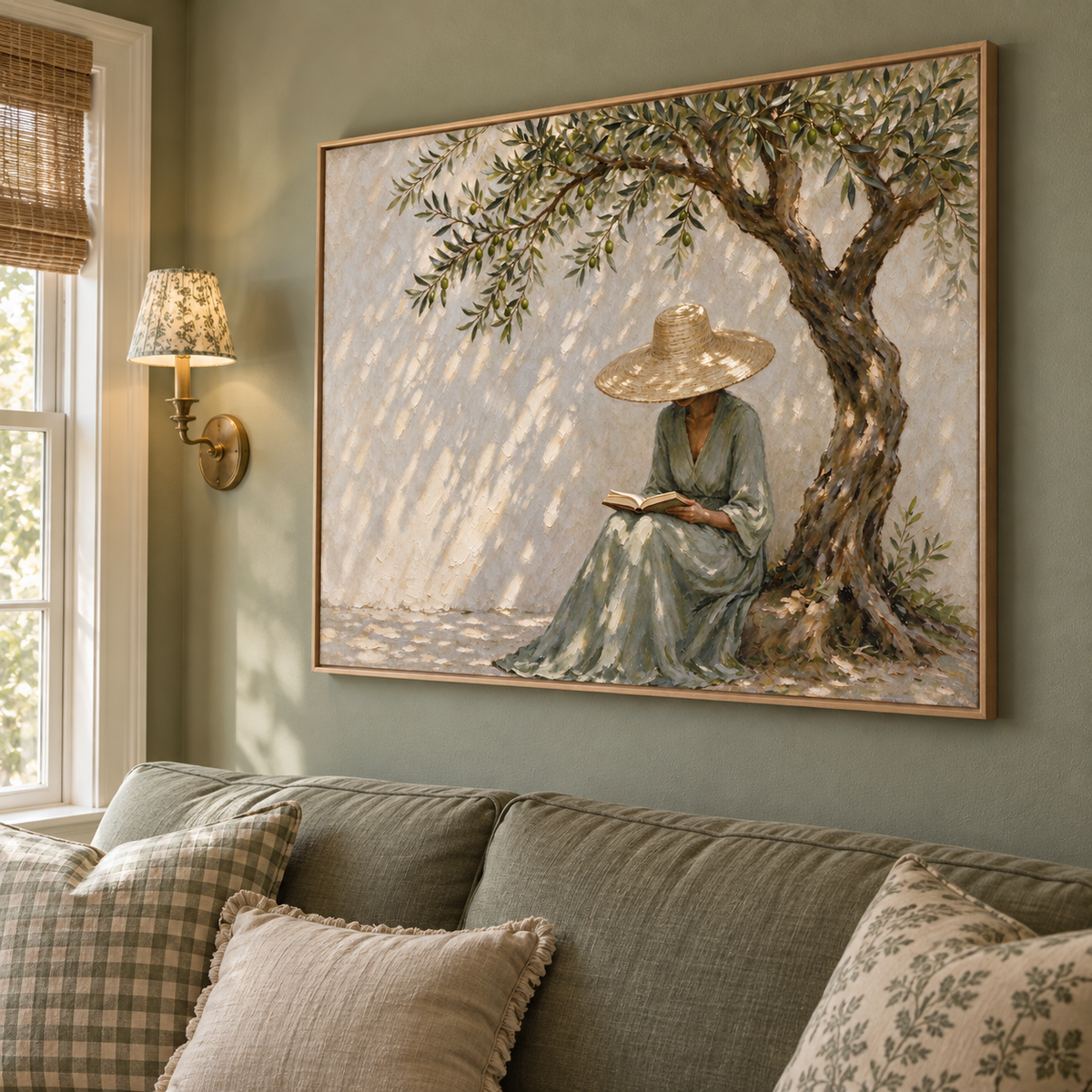 A woman in a green dress and straw hat reading an open book beneath a tree on the right of a sunlit cream wall, shown from an angle in the room.