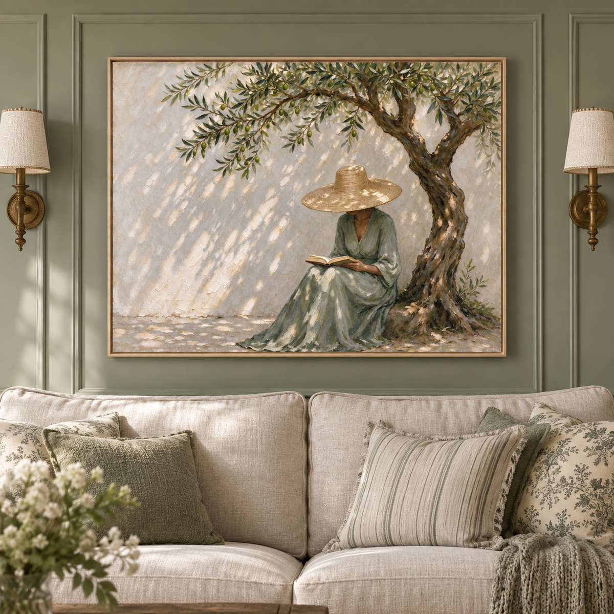A woman in a green dress and straw hat reading an open book beneath a tree on the right of a sunlit cream wall, shown in a traditional living room.