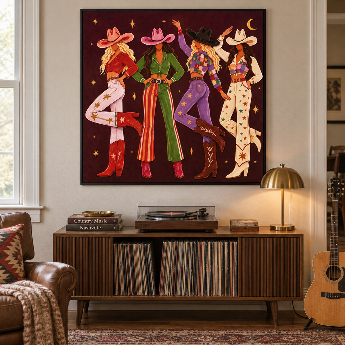 Four cowgirls in patterned outfits beneath stars and a crescent moon on a burgundy background, in a home music corner.