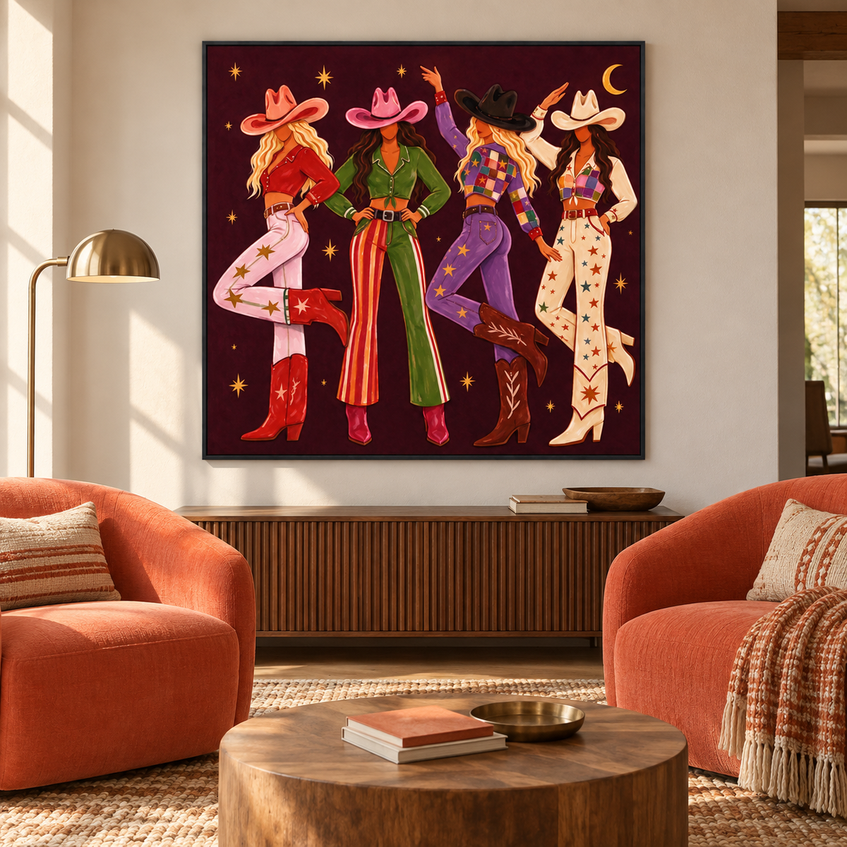Four cowgirls in patterned outfits beneath stars and a crescent moon on a burgundy background, in a Palm Springs-style lounge.