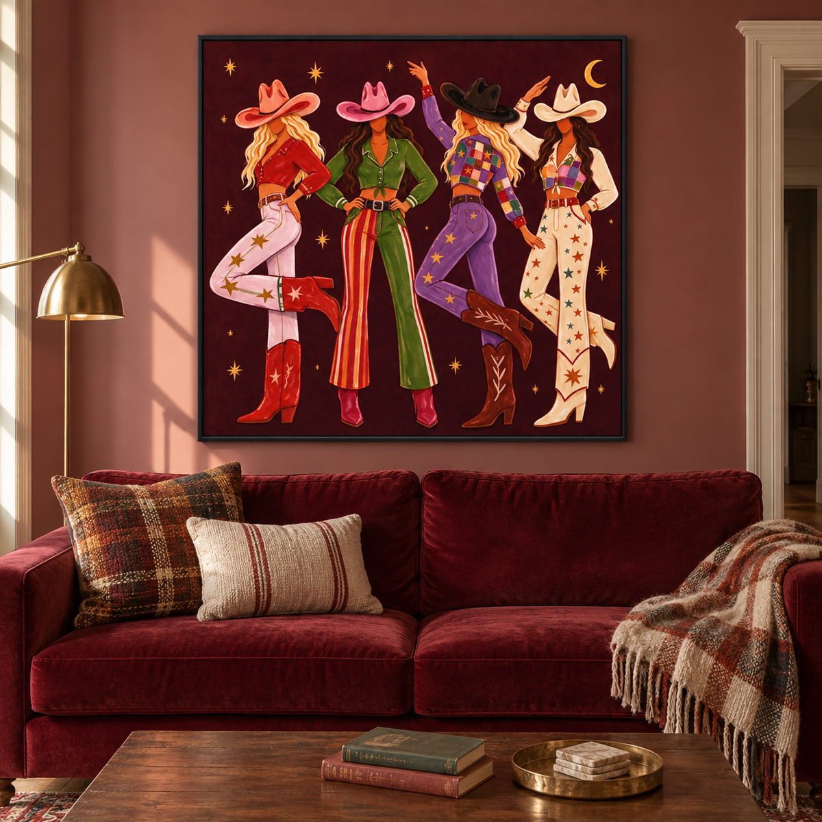 Four cowgirls in patterned outfits beneath stars and a crescent moon on a burgundy background, in a vintage-style living room.