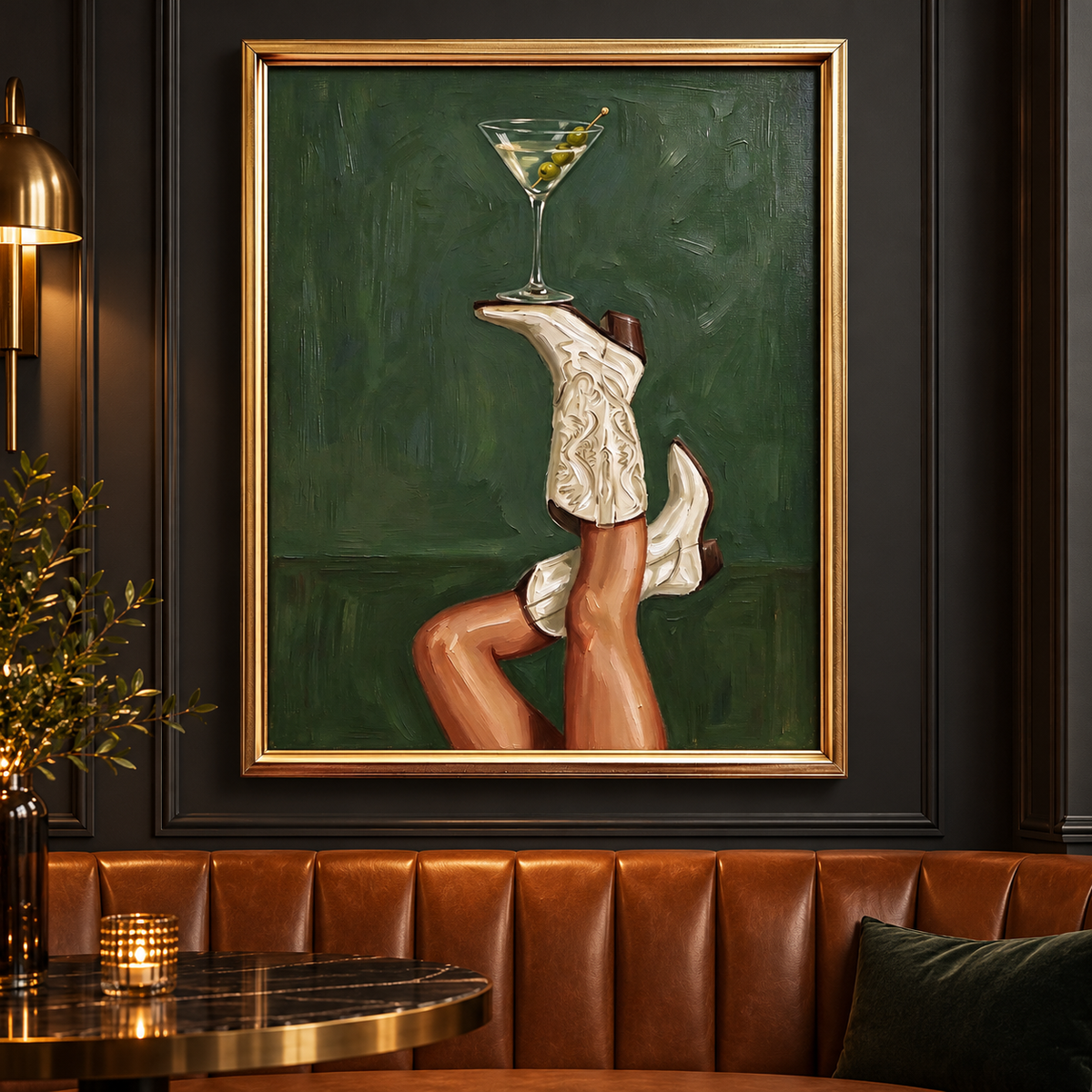 Two raised legs wearing white cowboy boots with decorative scroll patterns, one boot balancing a martini glass with olives against a dark green background, shown in room setting 3.
