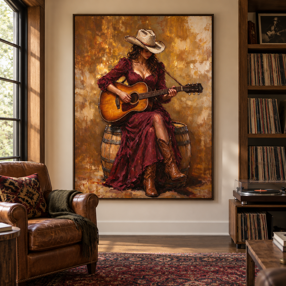 A cowgirl in a burgundy dress, tan cowboy hat and brown boots playing an amber acoustic guitar while seated on a wooden barrel against a warm ochre background, shown in room setting 1.