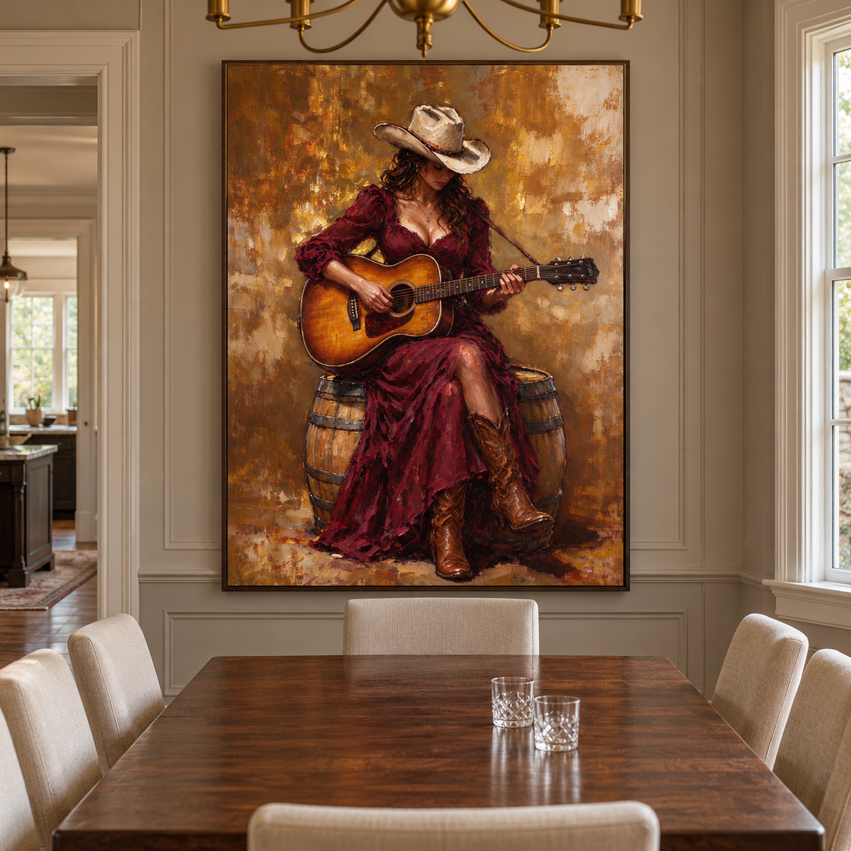 A cowgirl in a burgundy dress, tan cowboy hat and brown boots playing an amber acoustic guitar while seated on a wooden barrel against a warm ochre background, shown in room setting 2.