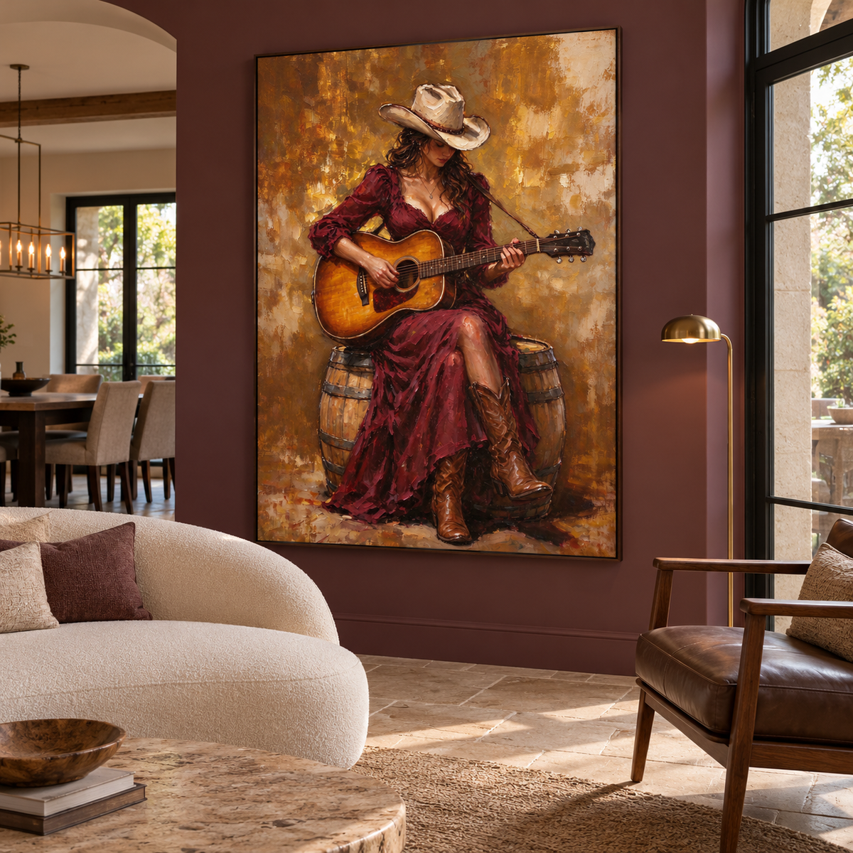 A cowgirl in a burgundy dress, tan cowboy hat and brown boots playing an amber acoustic guitar while seated on a wooden barrel against a warm ochre background, shown in room setting 5.
