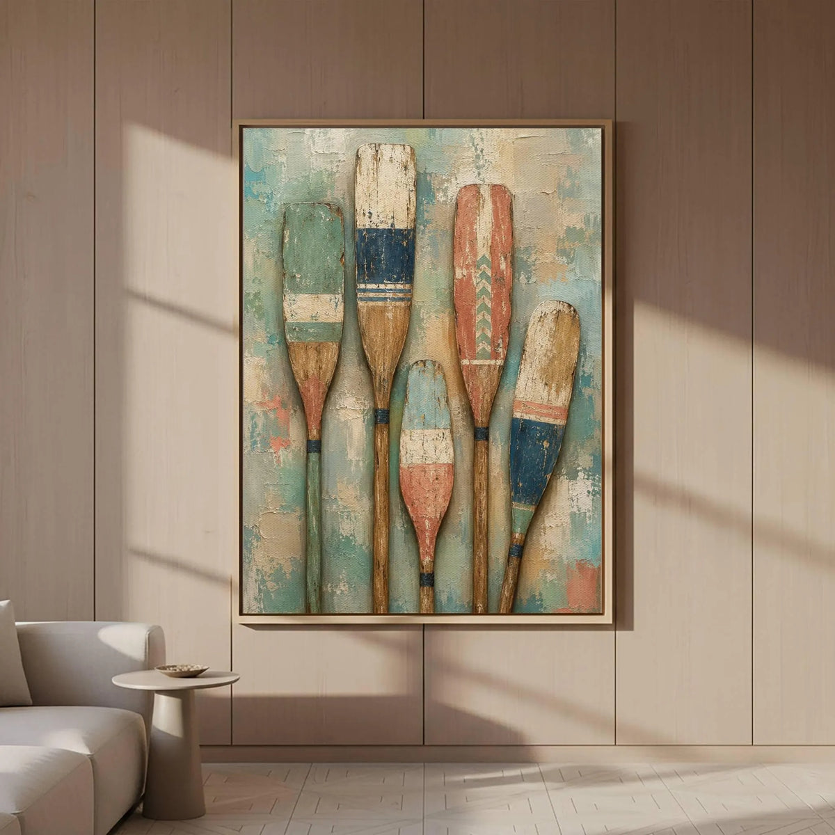 Five upright wooden paddles painted in faded teal, blue, cream and rust against a mottled pale teal background, shown in room setting 1.