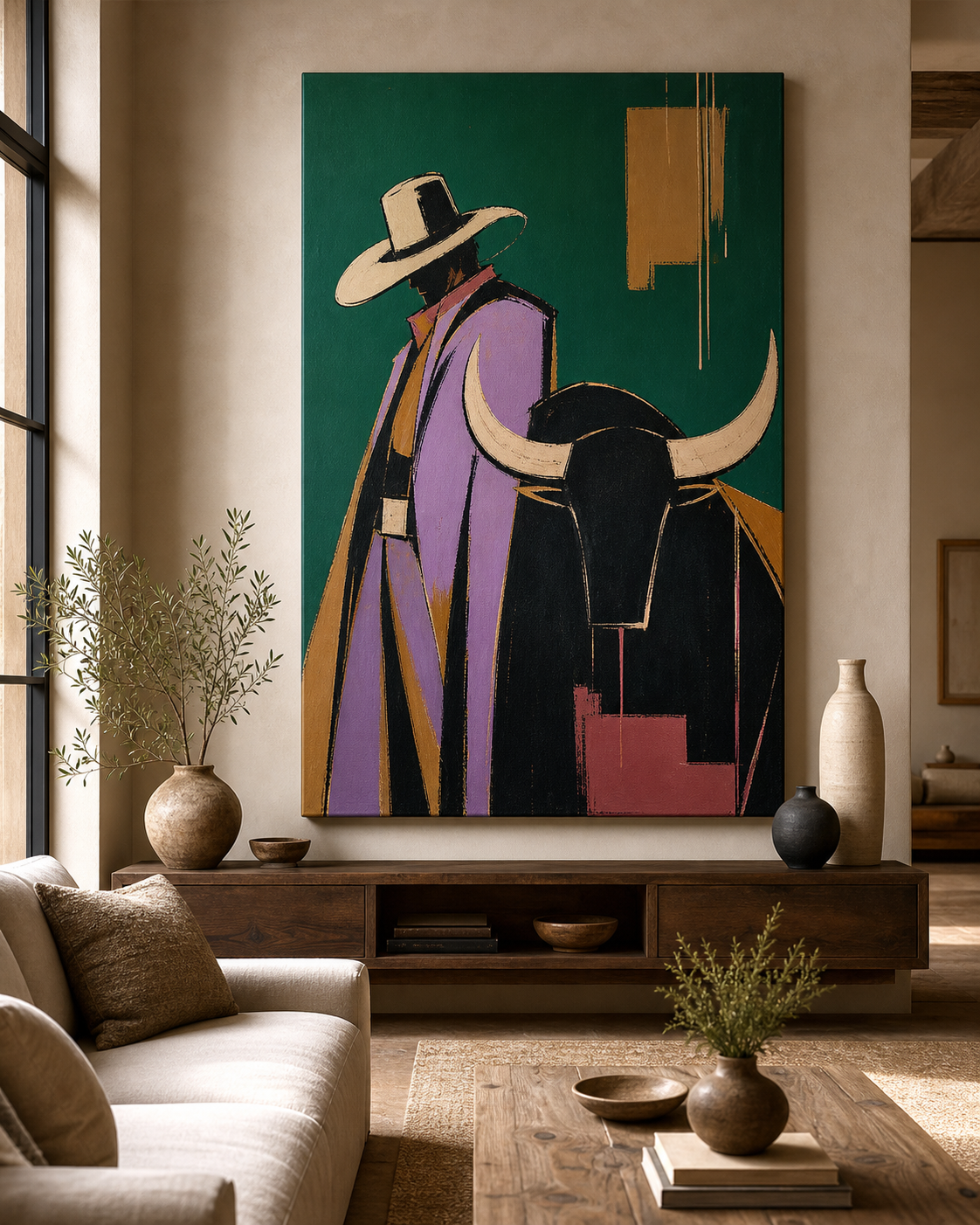 Spirit of the Longhorn | Hand-Painted Modern Western Wall Art | Abstract Cowboy & Bull Oil Painting