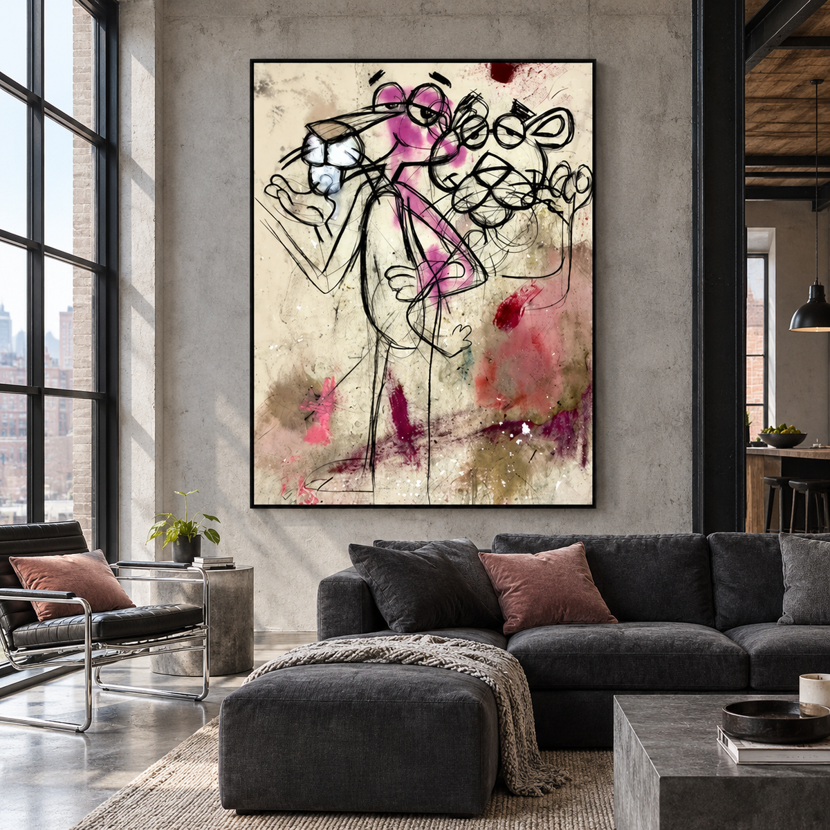 Overlapping Pink Panther cartoon figures drawn with looping black lines and pink color on a distressed beige background with red and white splashes, shown in room setting 1.