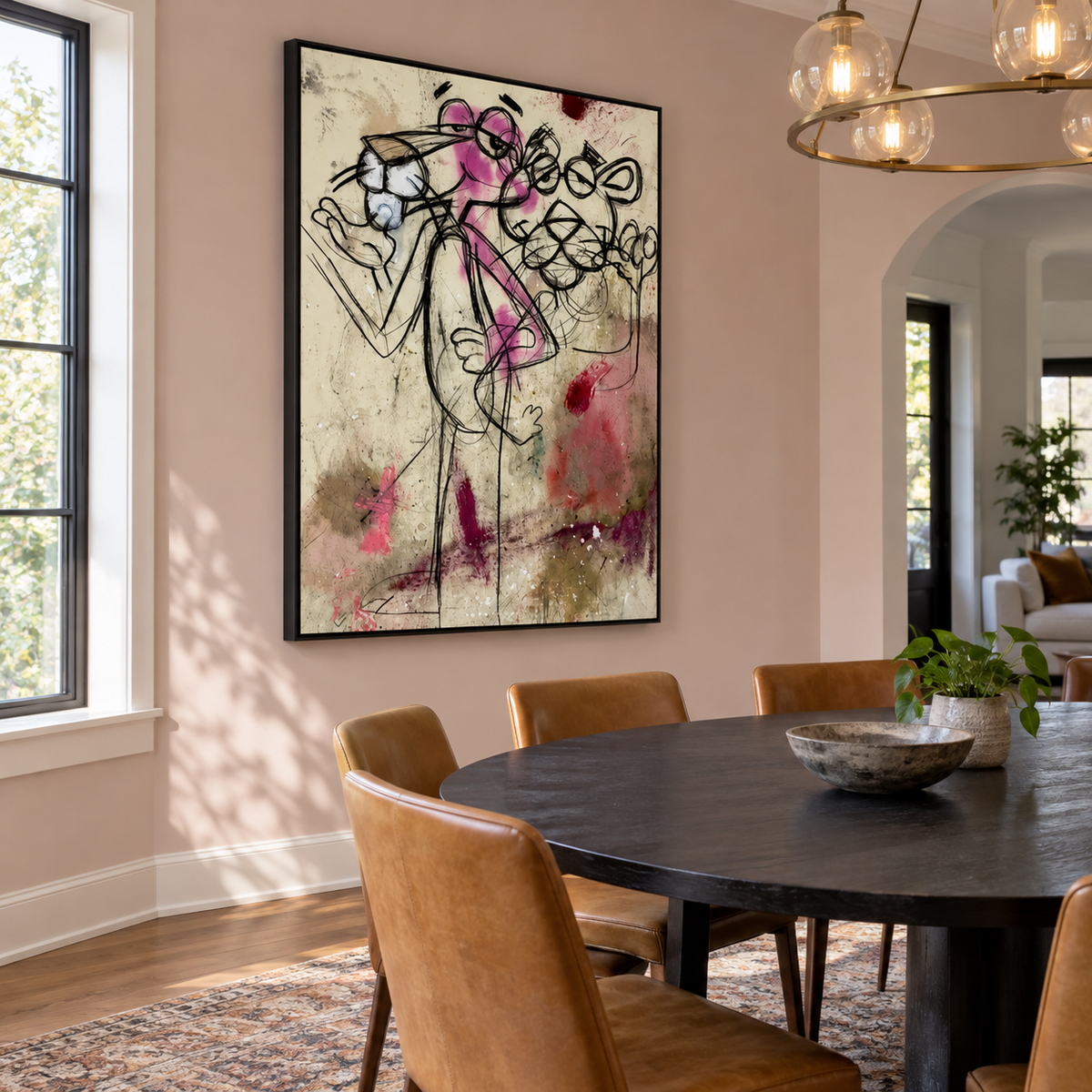 Overlapping Pink Panther cartoon figures drawn with looping black lines and pink color on a distressed beige background with red and white splashes, shown in room setting 4.