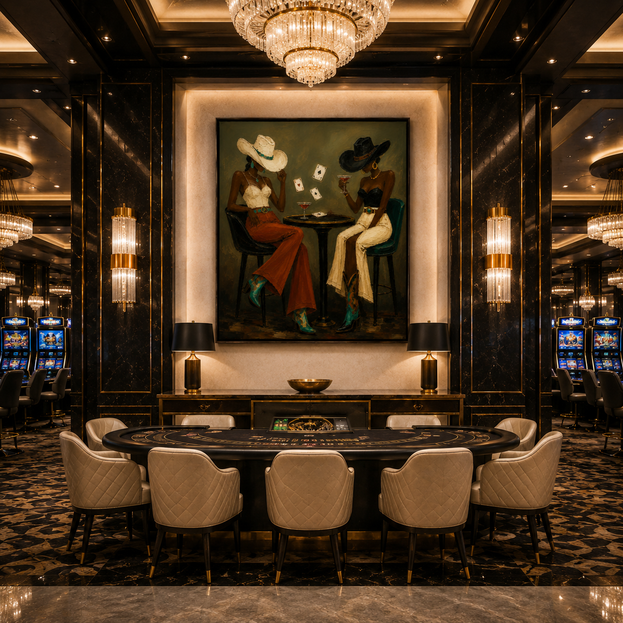 Hand-painted cowgirl casino wall art featuring two stylish Western women playing poker with cocktails, rich textured oil painting for game room and luxury casino decor.