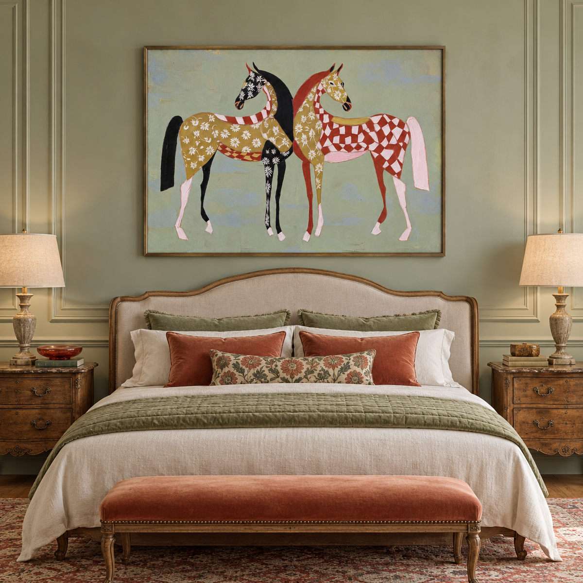 Two stylized horses stand close together against a pale blue field. One is decorated with small cream flowers and dark patches; the other carries a red-and-cream checker pattern with gold accents., in a bedroom.
