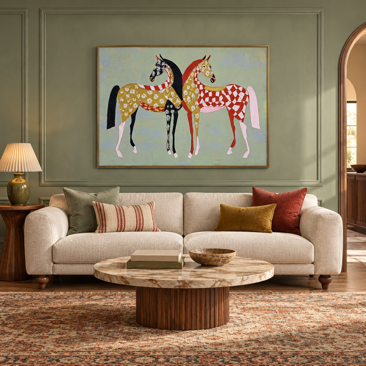 Two stylized horses stand close together against a pale blue field. One is decorated with small cream flowers and dark patches; the other carries a red-and-cream checker pattern with gold accents., in a living room.
