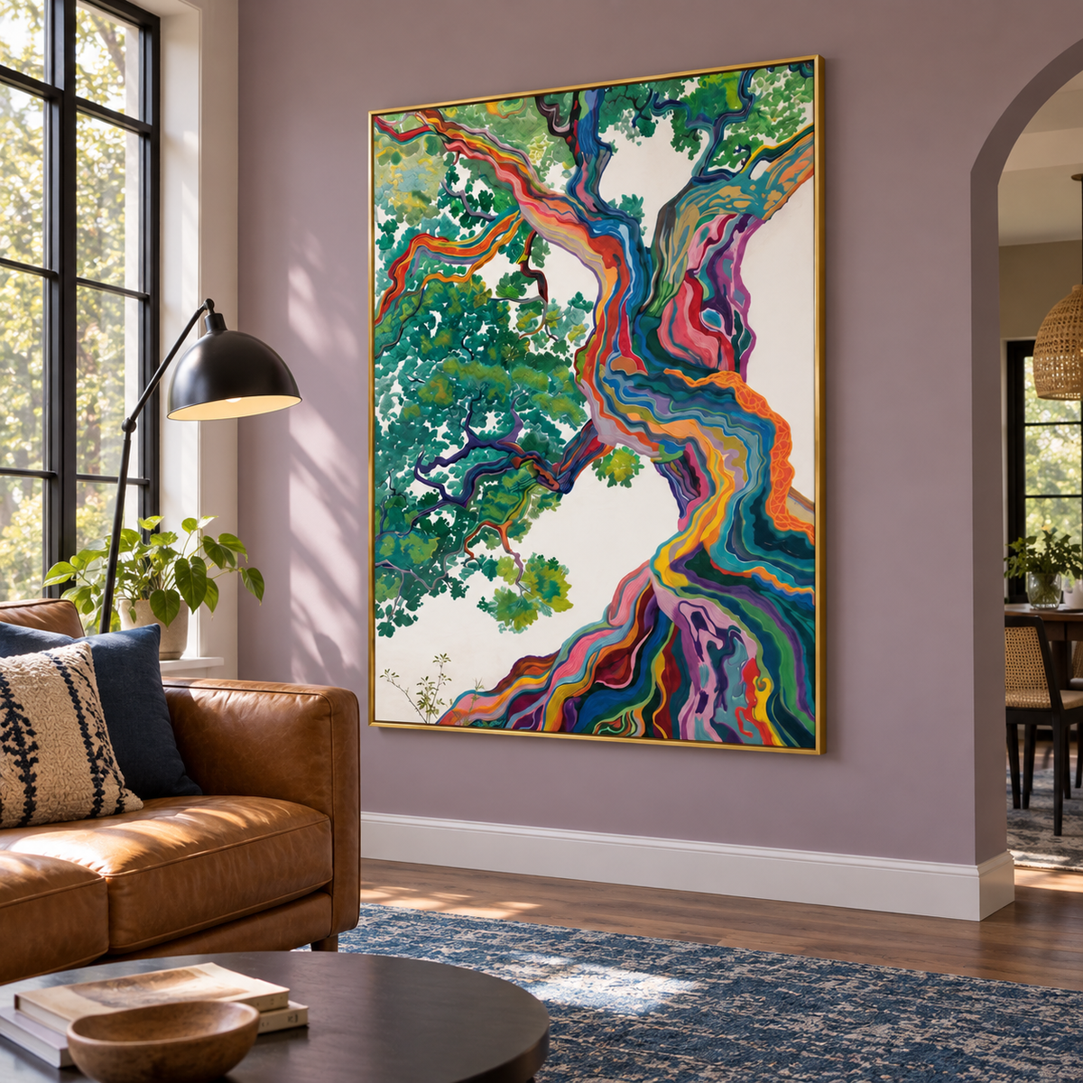 A large twisting tree with rainbow-colored bands along its trunk and roots, green foliage and an ivory background, shown in room setting 4.