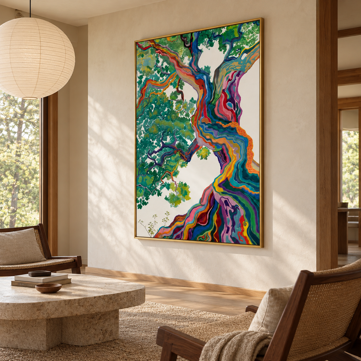 A large twisting tree with rainbow-colored bands along its trunk and roots, green foliage and an ivory background, shown in room setting 5.