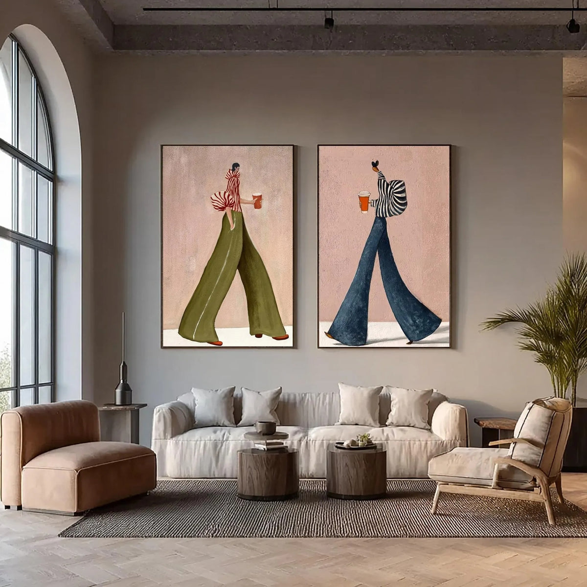 A two-panel set of walking figures carrying coffee cups, with striped shirts and wide green and blue trousers against dusty pink backgrounds, shown in room setting 10.
