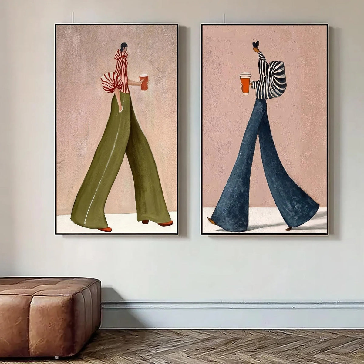 A two-panel set of walking figures carrying coffee cups, with striped shirts and wide green and blue trousers against dusty pink backgrounds, shown in room setting 2.