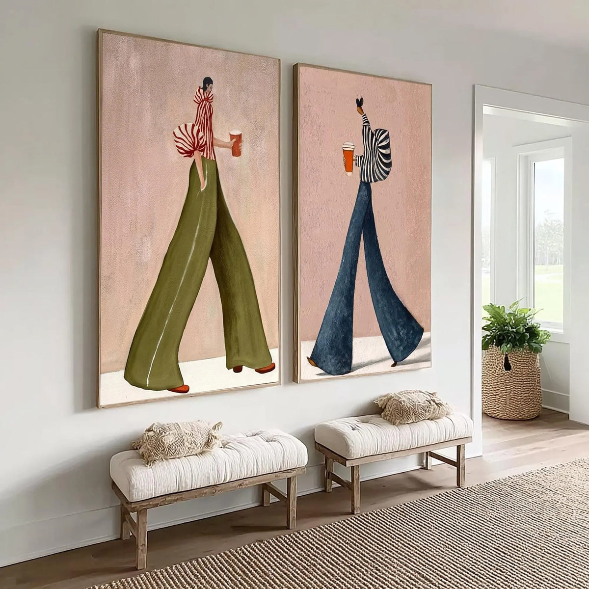 A two-panel set of walking figures carrying coffee cups, with striped shirts and wide green and blue trousers against dusty pink backgrounds, shown in room setting 4.