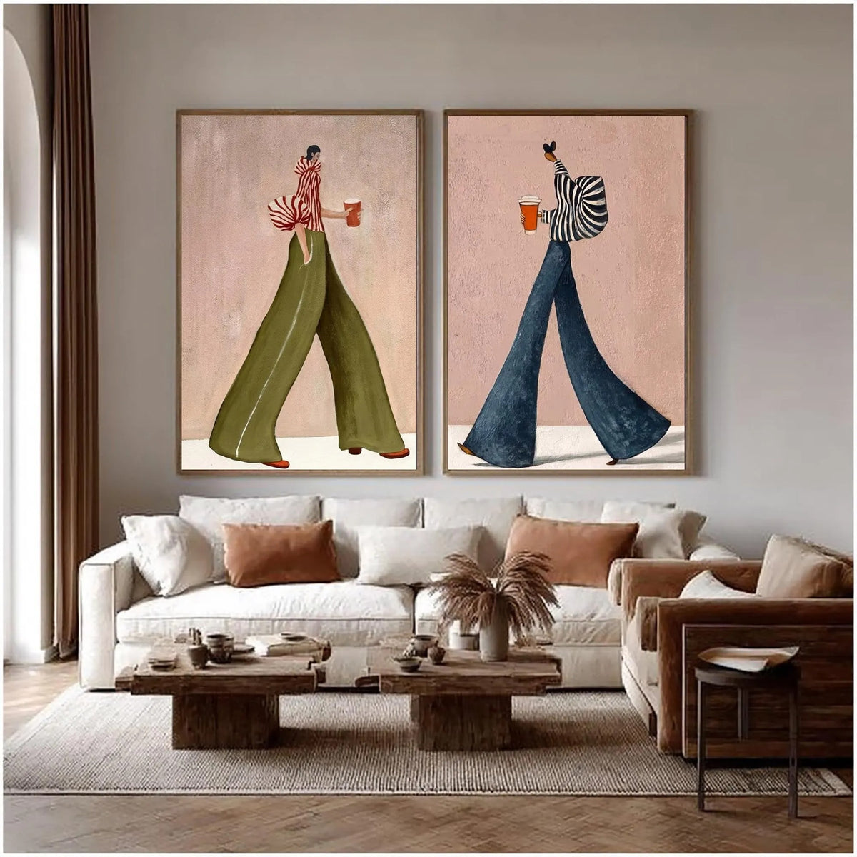 A two-panel set of walking figures carrying coffee cups, with striped shirts and wide green and blue trousers against dusty pink backgrounds, shown in room setting 5.