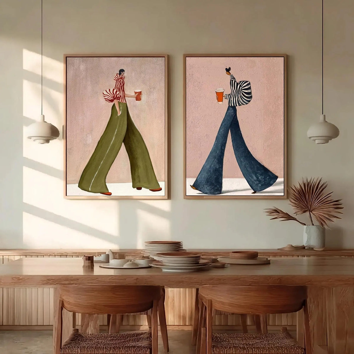 A two-panel set of walking figures carrying coffee cups, with striped shirts and wide green and blue trousers against dusty pink backgrounds, shown in room setting 8.