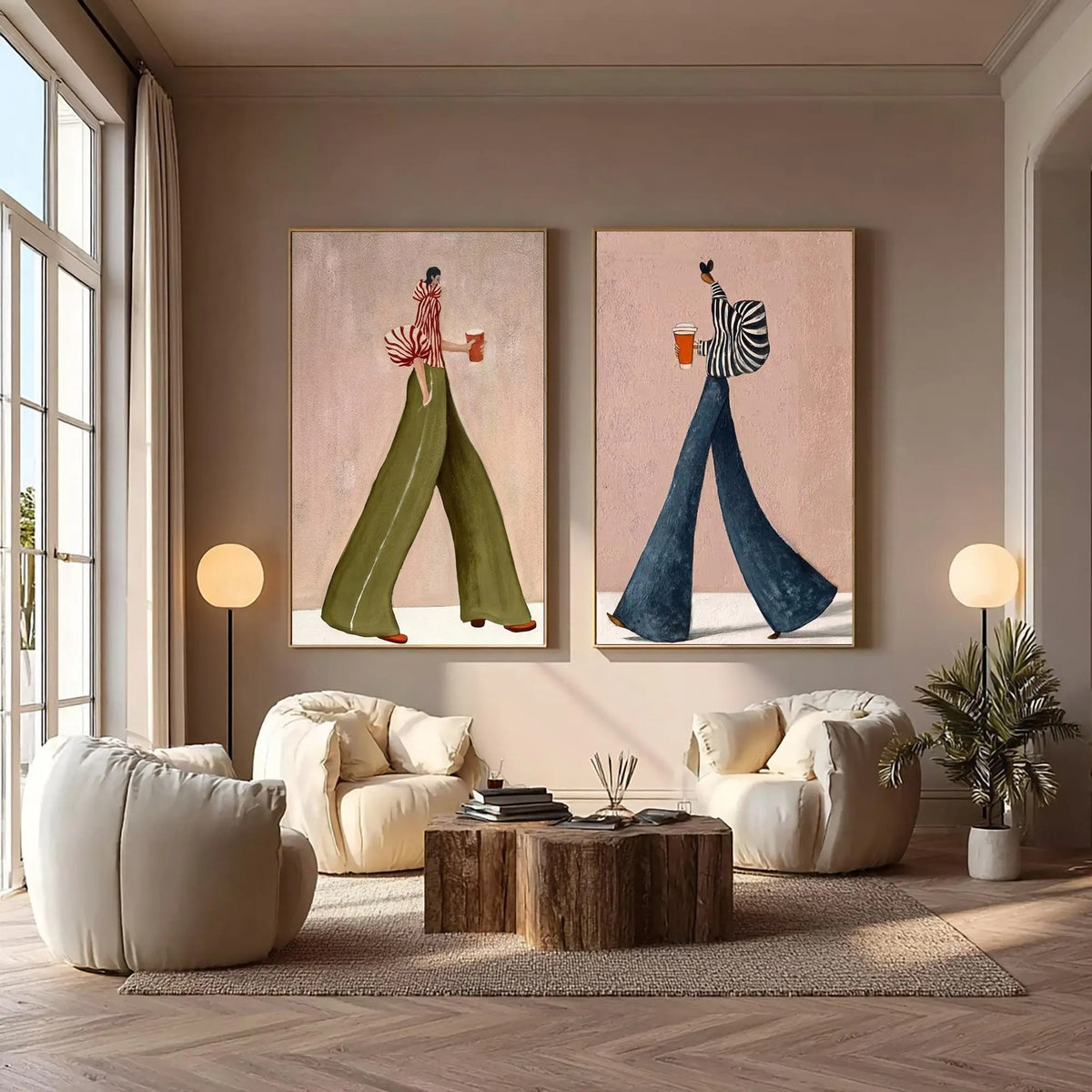 A two-panel set of walking figures carrying coffee cups, with striped shirts and wide green and blue trousers against dusty pink backgrounds, shown in room setting 9.
