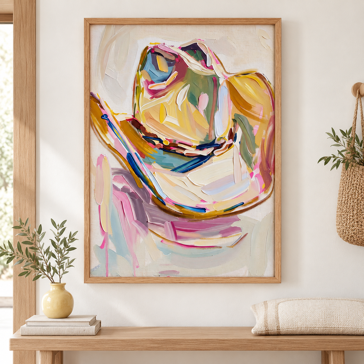 A single cowboy hat with a curled brim and a dark hatband depicted in broad pink, yellow, blue, green and cream strokes on a pale background, shown in room setting 1.