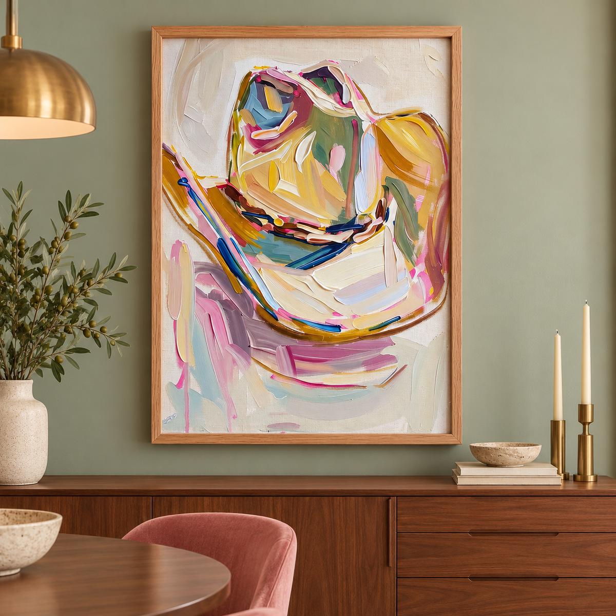 A single cowboy hat with a curled brim and a dark hatband depicted in broad pink, yellow, blue, green and cream strokes on a pale background, shown in room setting 2.