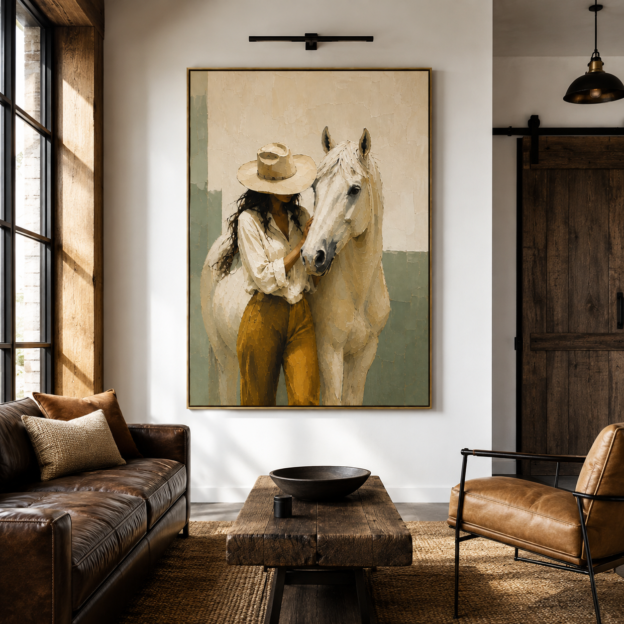 Cowgirl horse wall art featuring a woman beside a white horse
