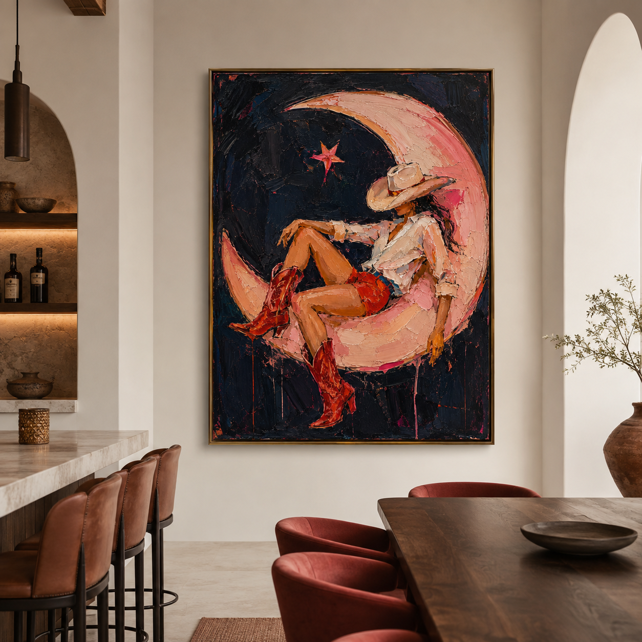 Western woman painting with red cowboy boots and pink moon