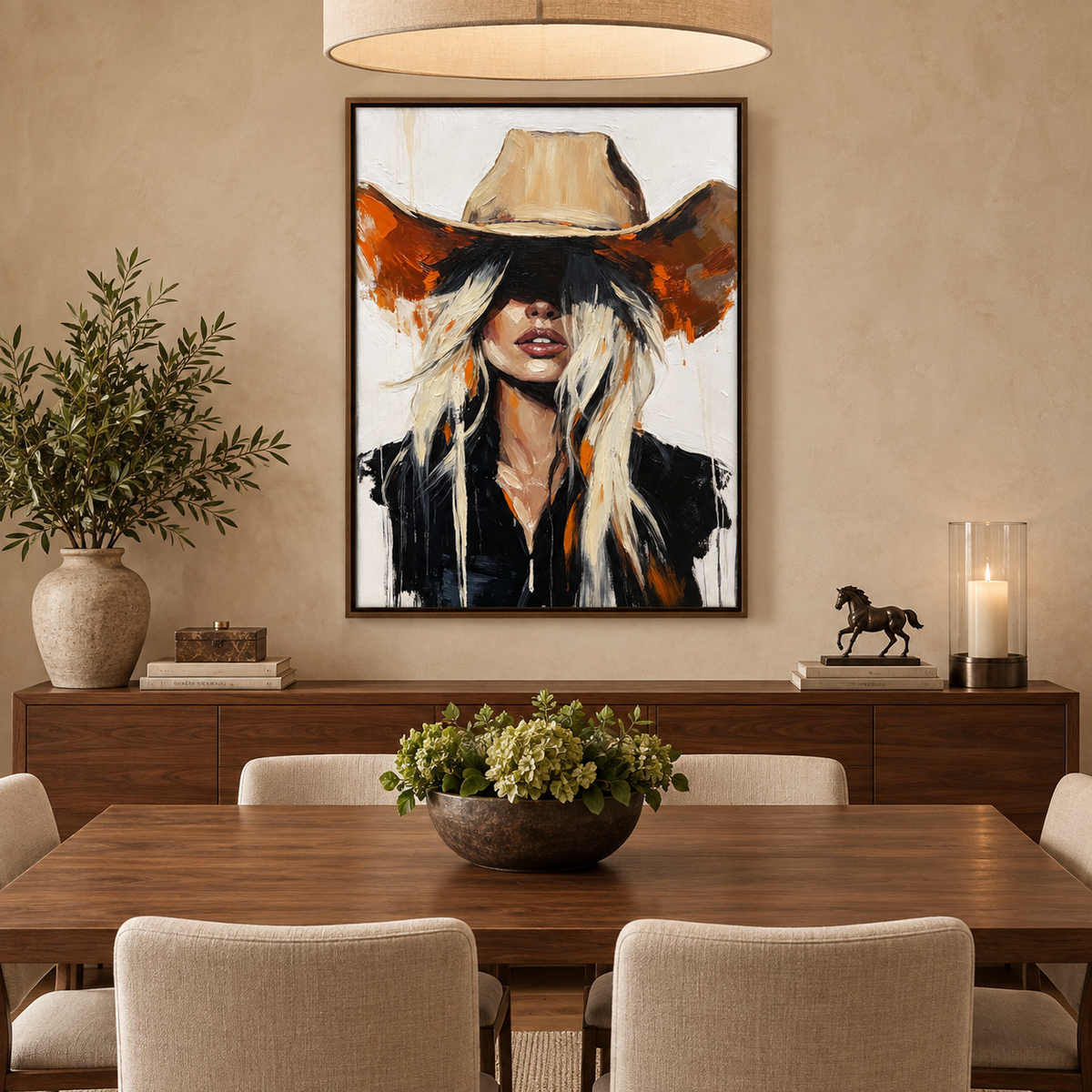 Blonde cowgirl in a wide tan hat and black jacket against a white background, in a dining room.