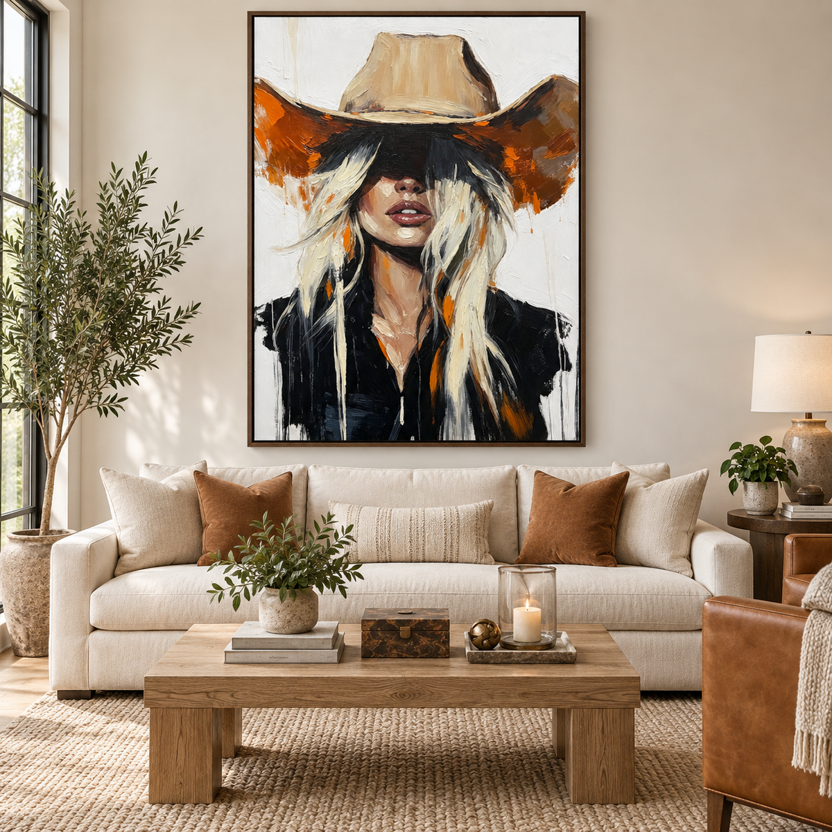 Blonde cowgirl in a wide tan hat and black jacket against a white background, in a living room.