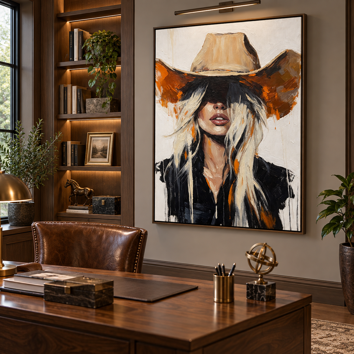Blonde cowgirl in a wide tan hat and black jacket against a white background, shown from an angle in a study.