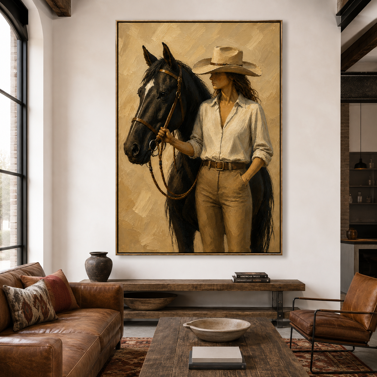 Cowgirl wall art featuring a woman standing beside a black horse