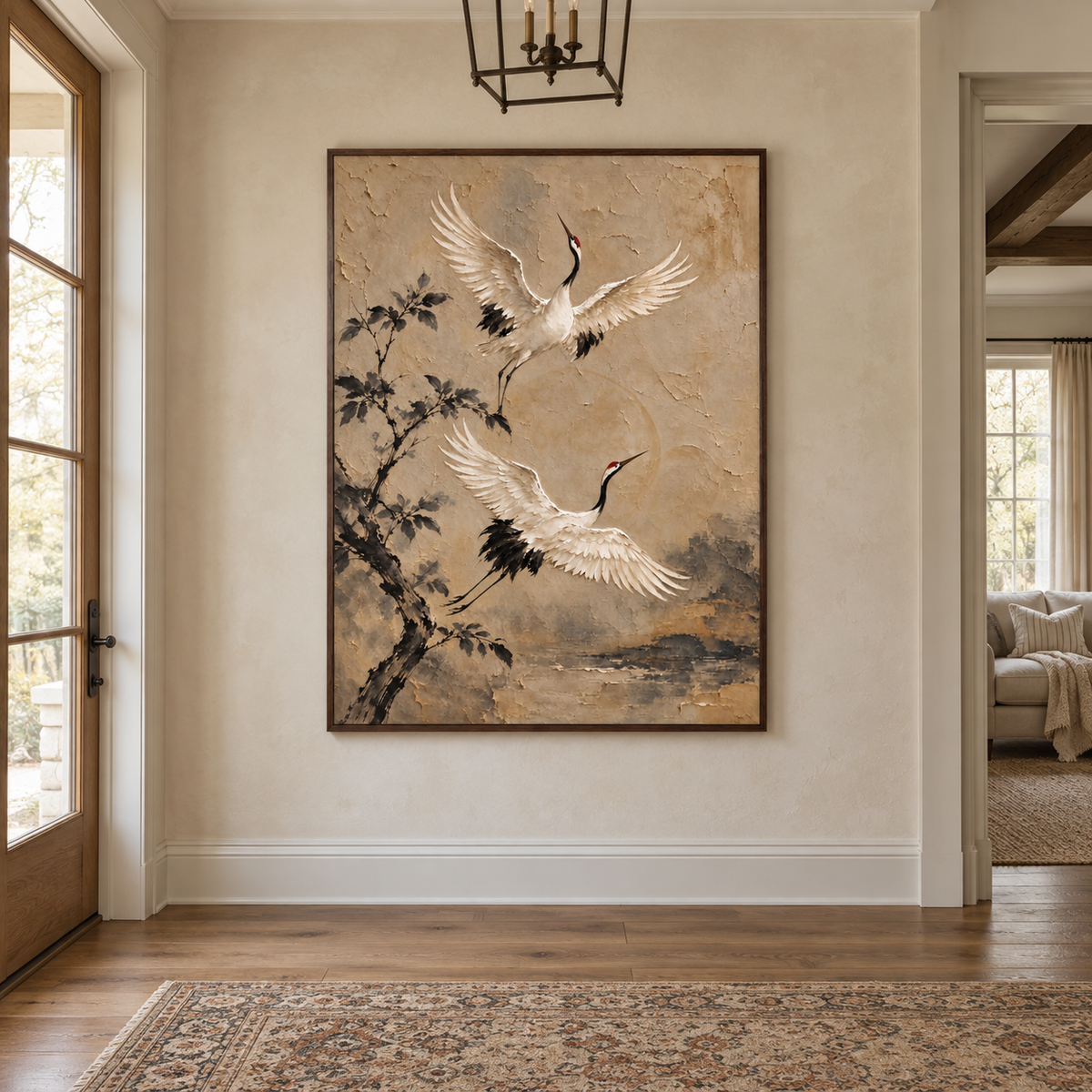 Two white cranes with dark wing tips and red crowns rising beside a dark leafy branch on a beige background, in a French country entryway.
